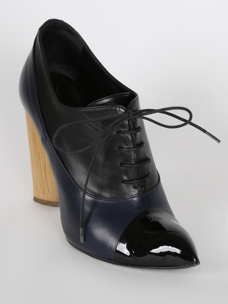 Yves Saint Laurent Black and Blue Leather Wooden Heel Ankle Boots 37 5 www.luxurybags