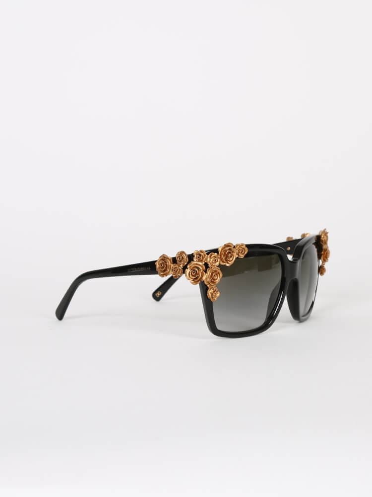 Dolce Gabbana Gold Floral Black Plastic Sunglasses www.luxurybags