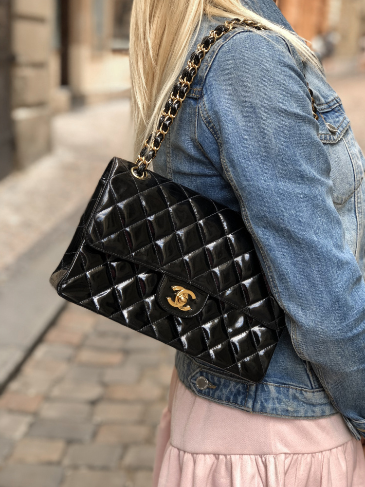 CHANEL flap bag in black wool and aged leather - VALOIS VINTAGE PARIS