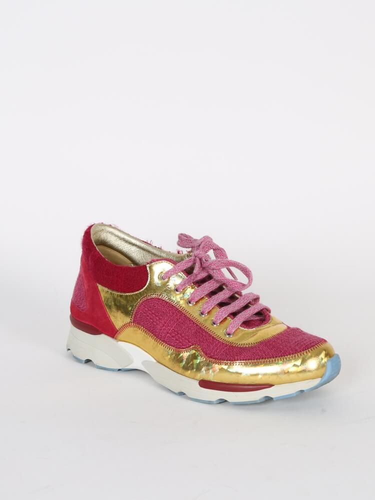 Chanel - CC Tweed Gold & Pink Sneakers 40,5