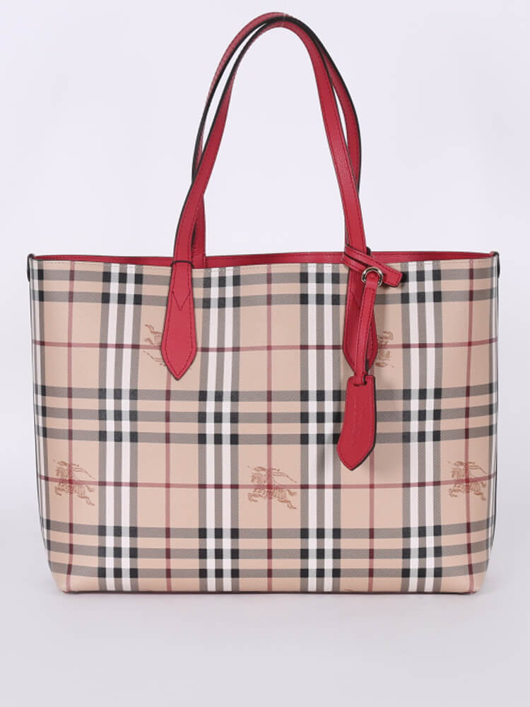 Burberry The Medium Reversible Haymarket Leather Tote Coral Red www.luxurybags