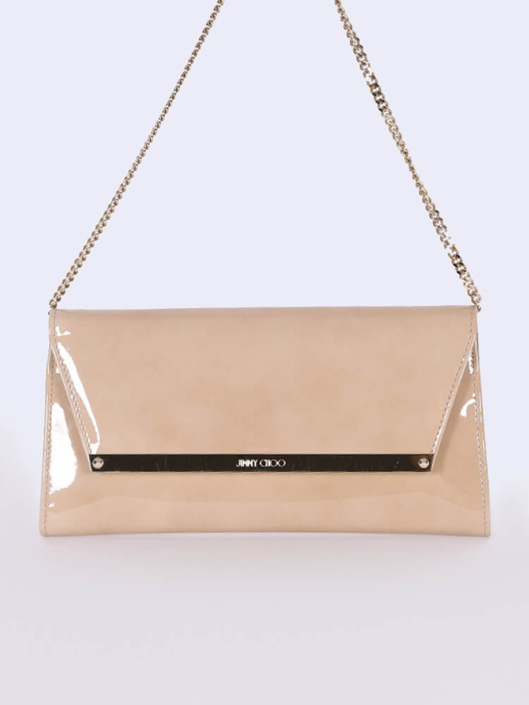 Jimmy Choo Margot Patent Suede Chain Clutch Beige www.luxurybags