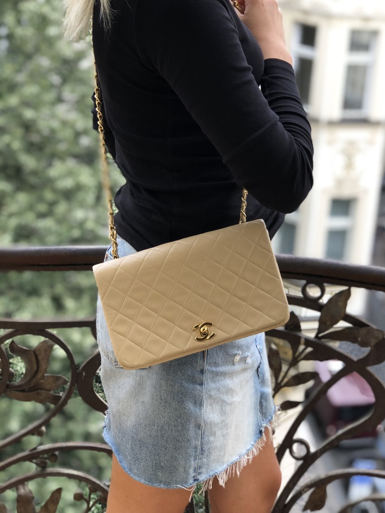 Chanel - Vintage Full Flap Bag Quilted Lambskin Beige