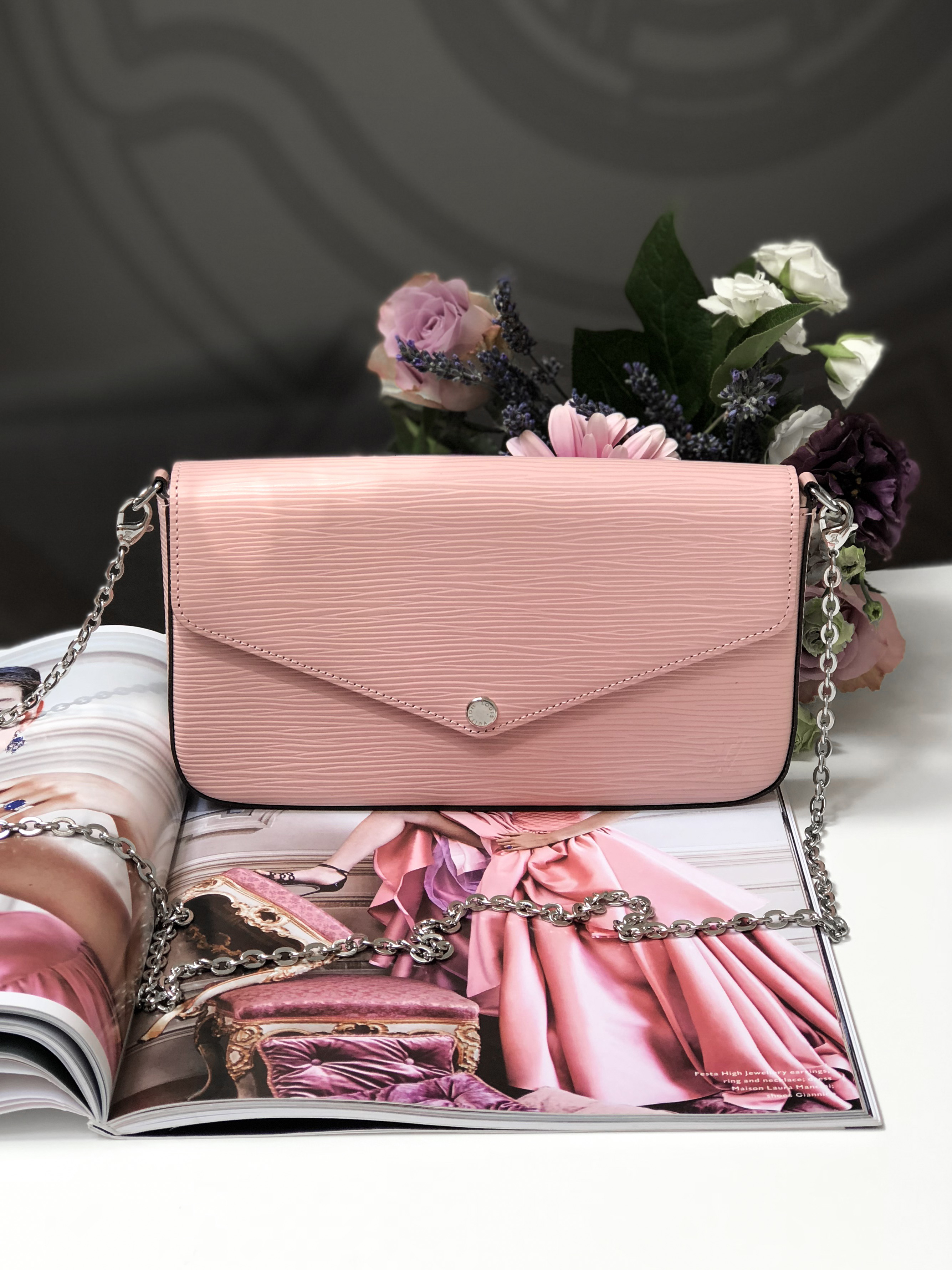 Louis Vuitton Pochette Felicie Epi Leather Clutch Rose Balerine www.luxurybags