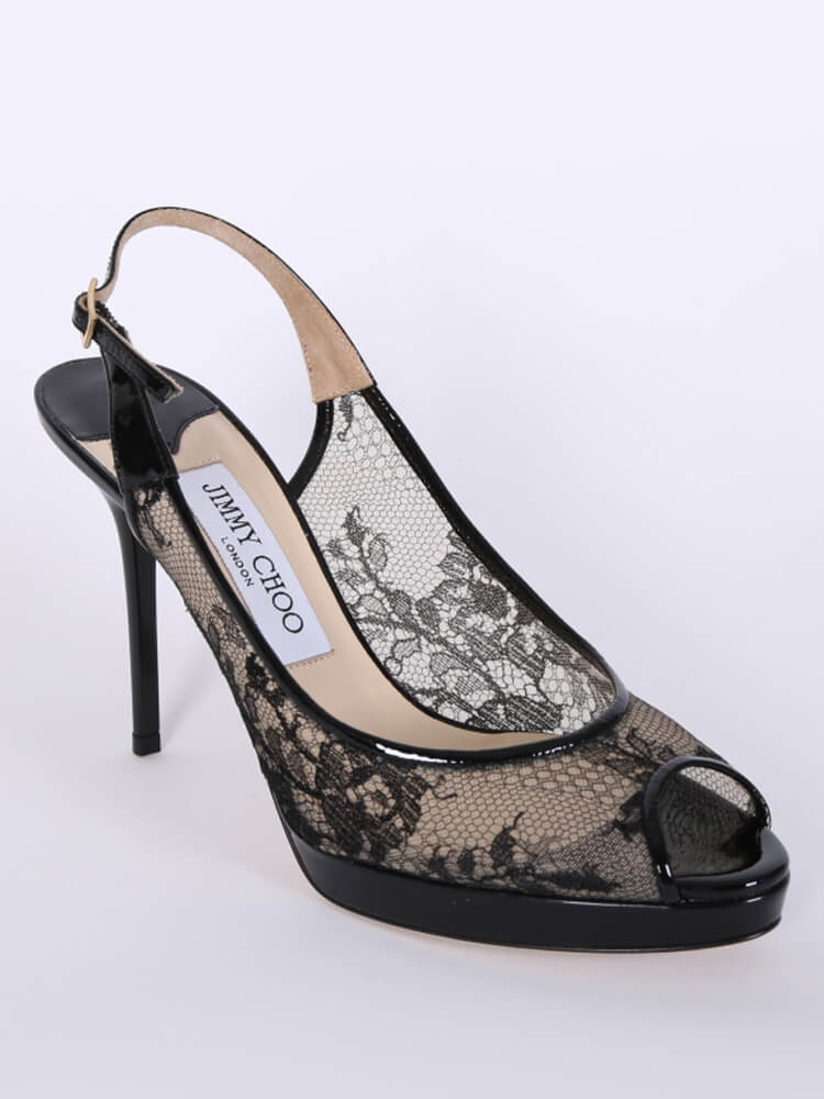 Jimmy Choo Nova Lace Patent Platform Peep Toe Pumps Black 37 5