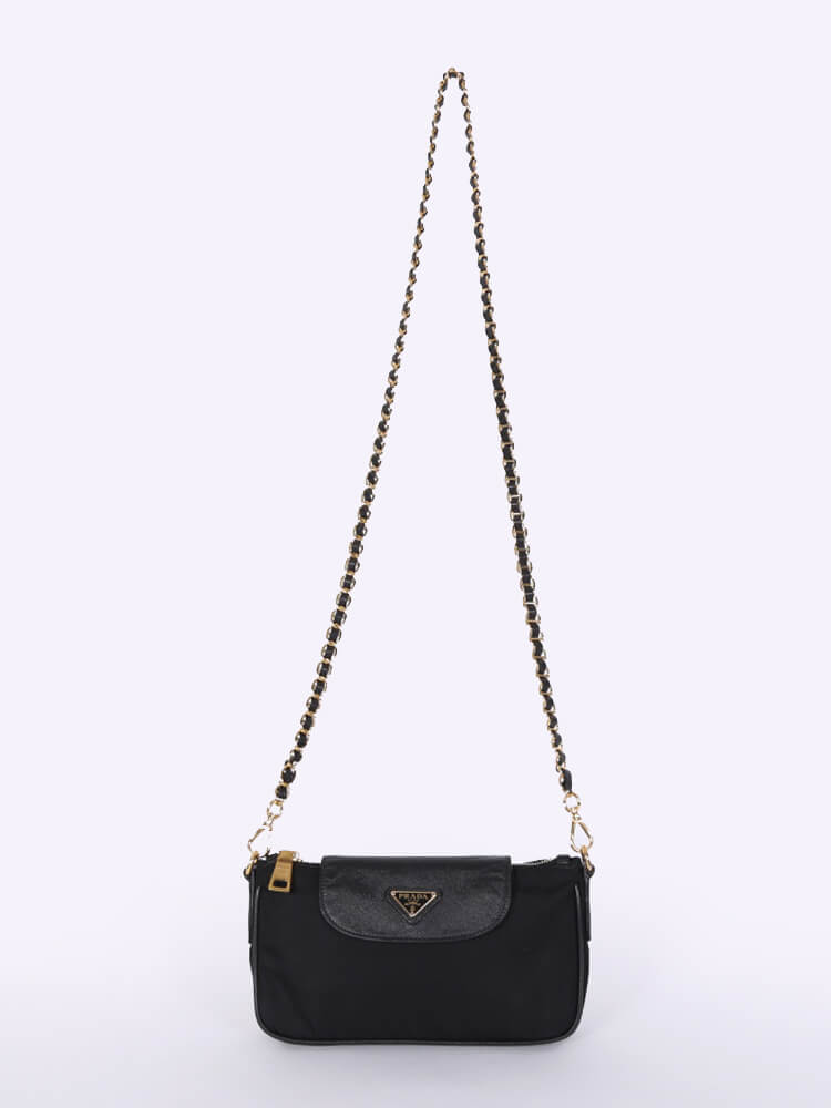 Prada Bandoliera Tessuto Nylon Saffiano Chain Bag Nero www.luxurybags