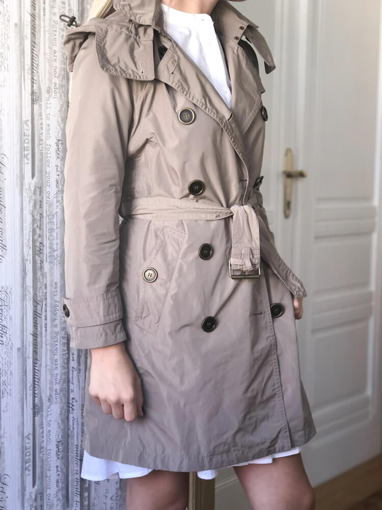 Burberry - Detachable Hood Taffeta Trench Coat Dark Beige 34 |  