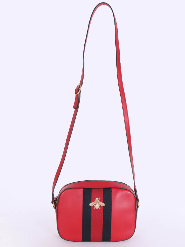 Gucci Web Bee Detail Leather Small Crossbody Bag Red www.luxurybags