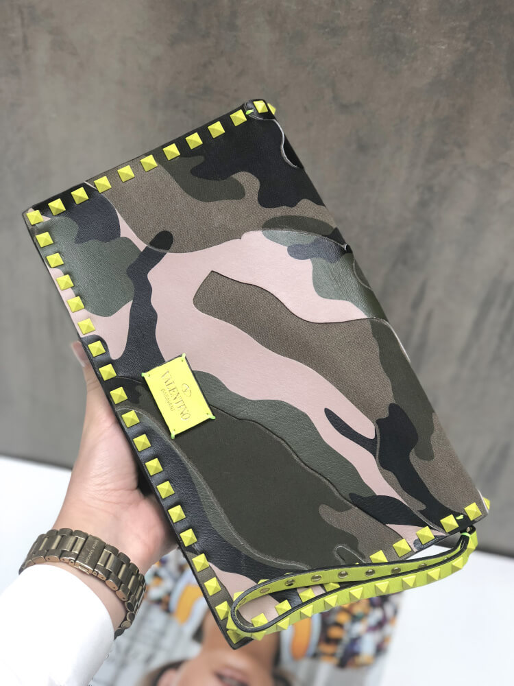 Valentino Rockstud Camouflage Flap Clutch Khaki Neon Yellow www.luxurybags