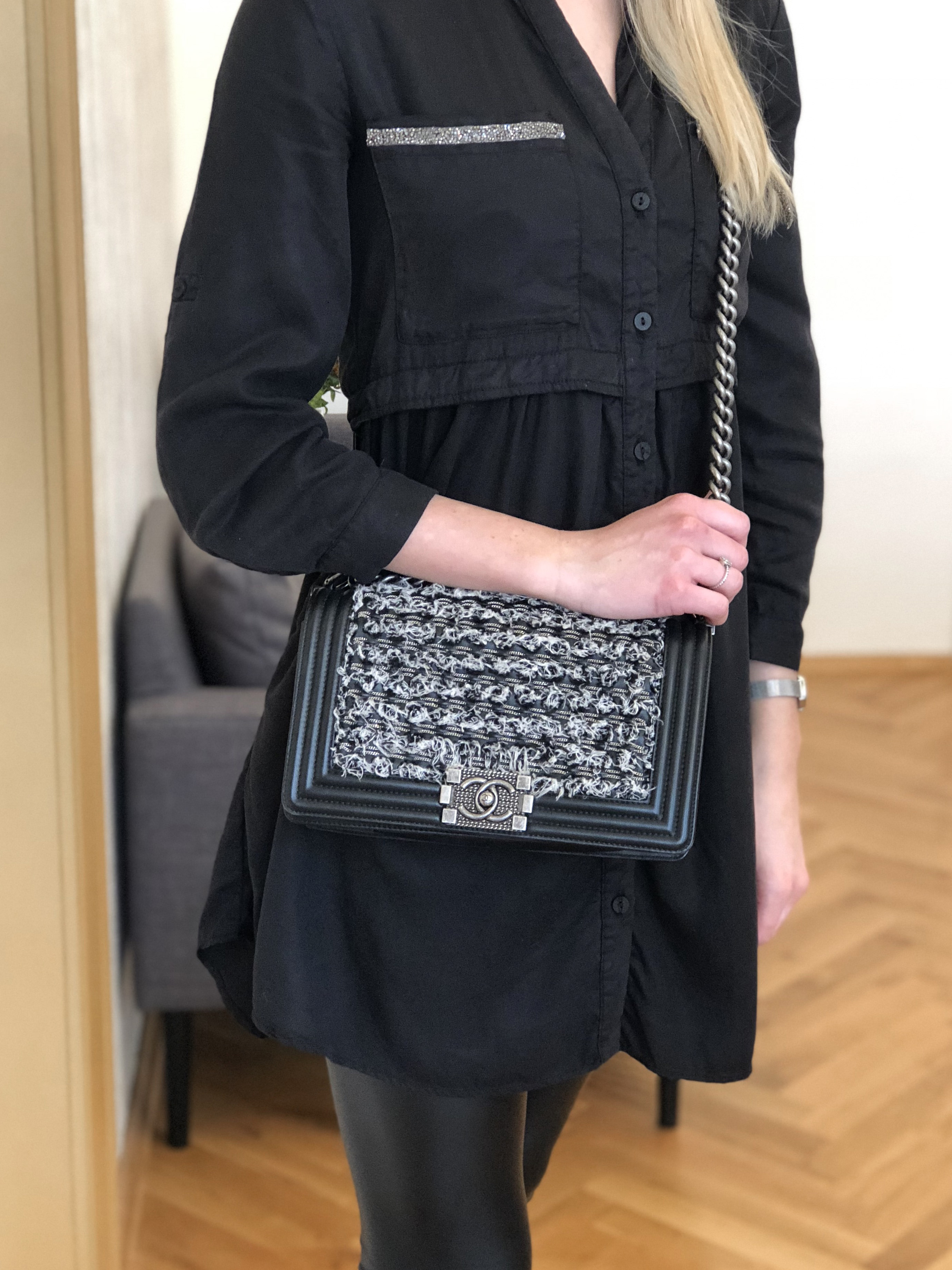 Chanel - Medium Boy Chain Braided Flap Bag Tweed Noir