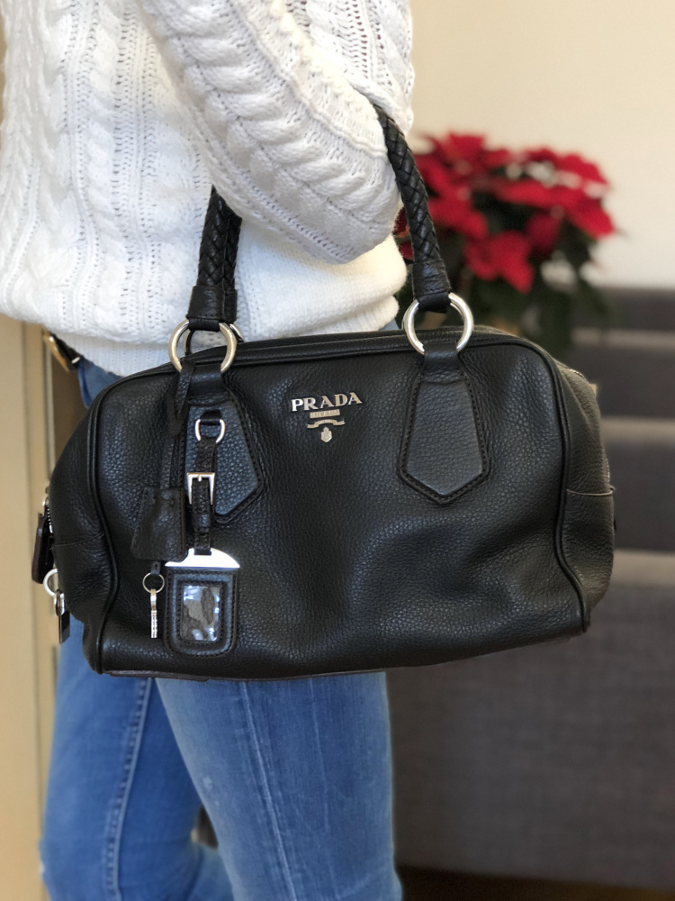 Prada Pebbled Leather Braided Handle Boston Bag Nero www.luxurybags