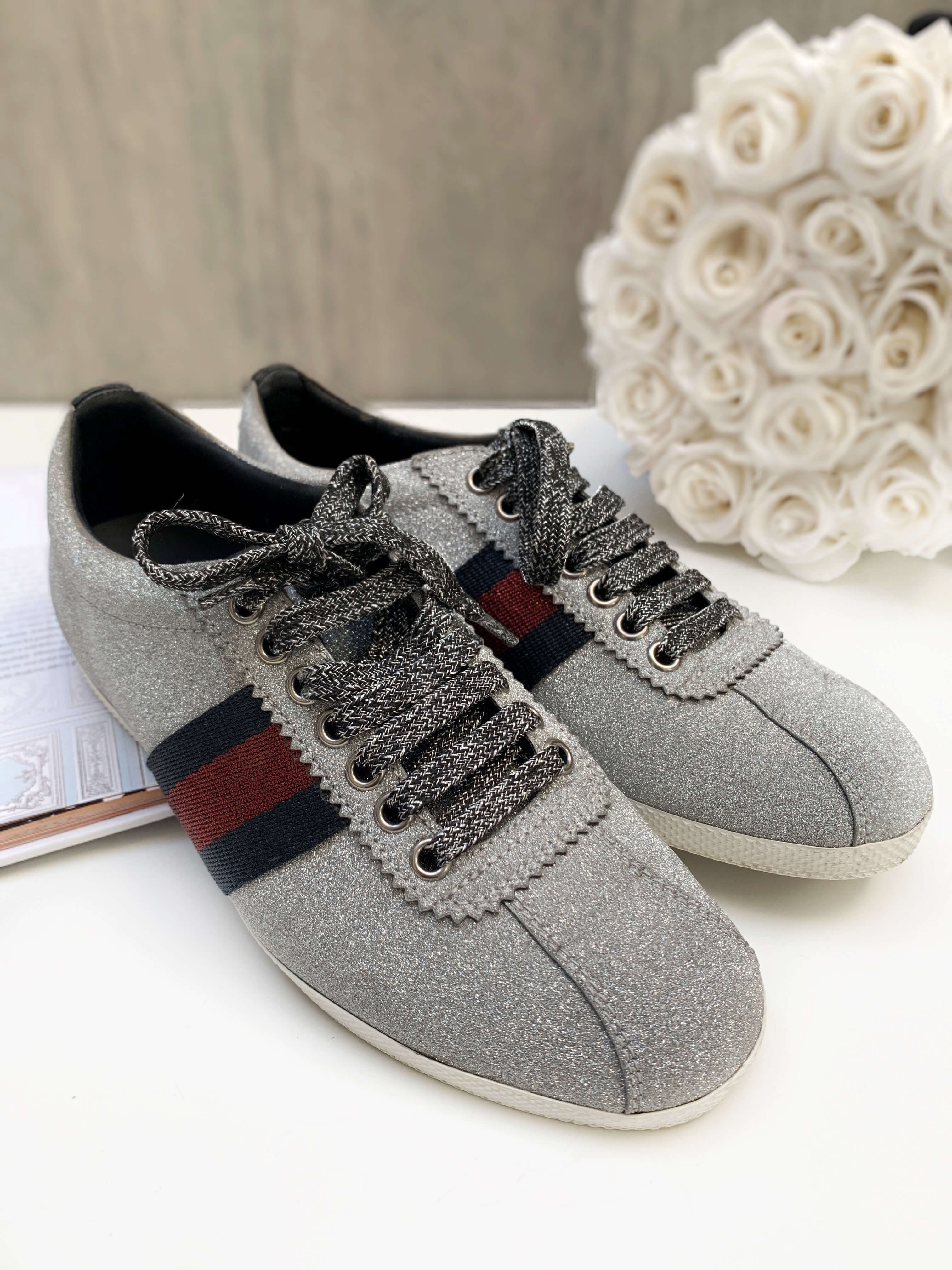 Gucci Glitter Web Sneaker with Studs Silver 36 5 www.luxurybags
