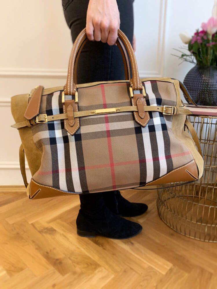 Burberry Gladstone Large Bridle House Check Suede Tote Light Tan