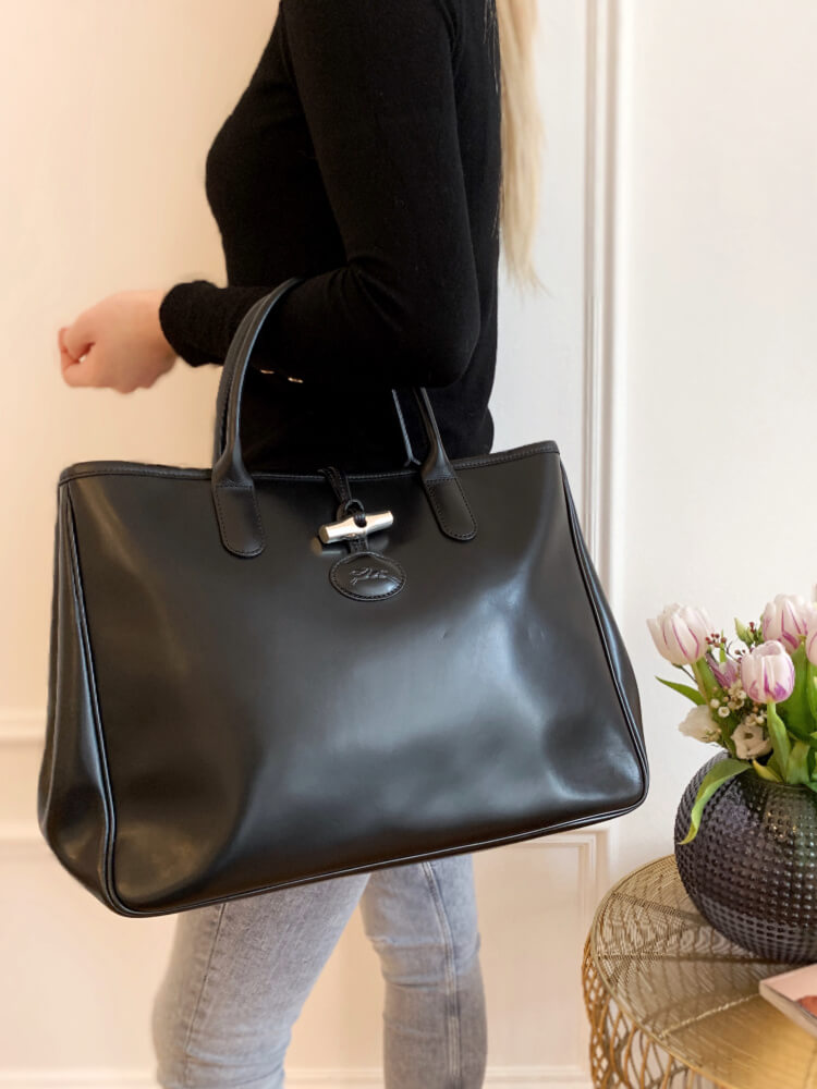 Longchamp - Roseau Polished Leather Tote Black