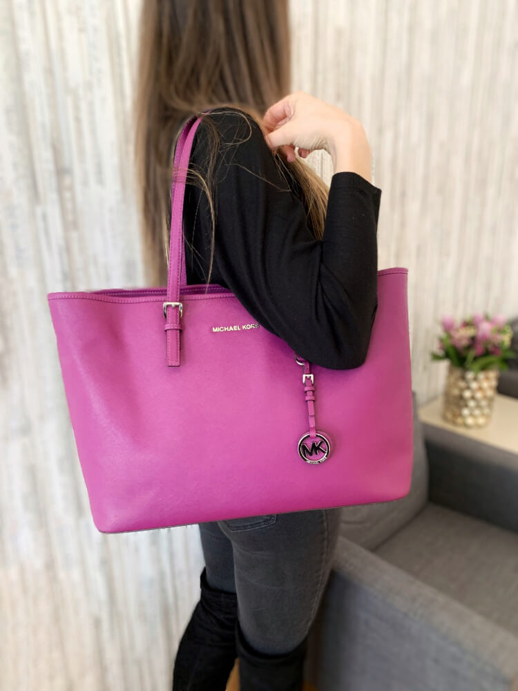 Michael Kors Saffiano TOTE Carryall Bag Leather VIOLET Optic Pink - beyond  exchange