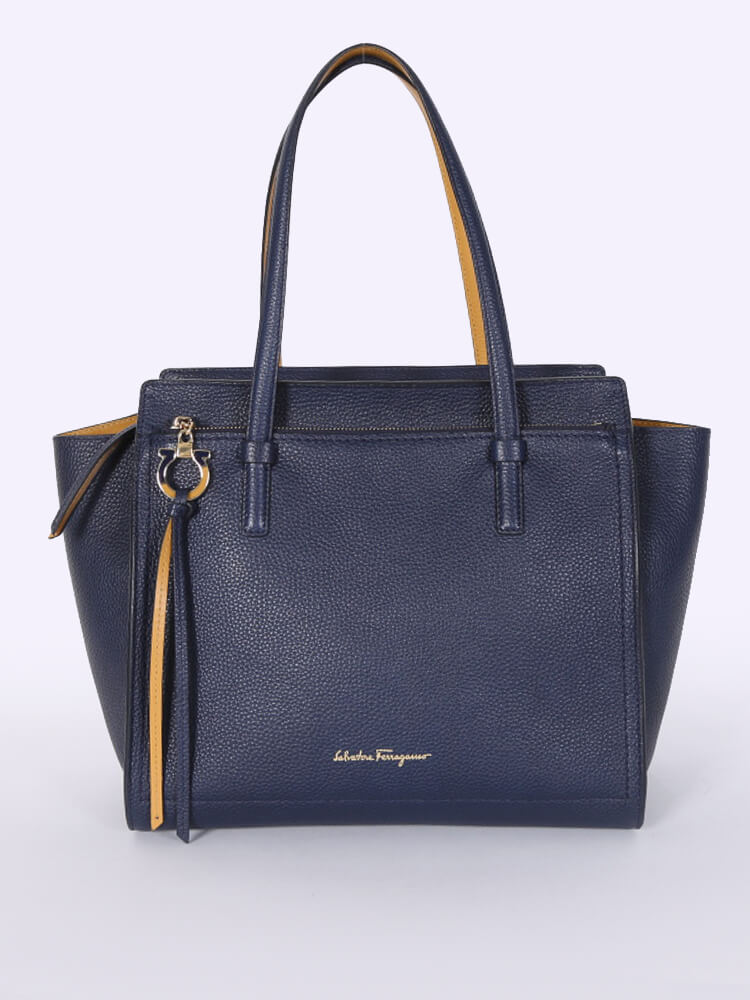 Salvatore Ferragamo Amy Calfskin Two Tone Tote Bag Dark Blue Ochre www.luxurybags