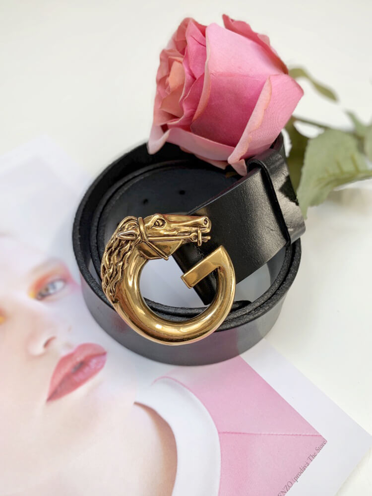 Gucci G Horse Head Buckle Smooth Leather Belt Black 90 www.luxurybags