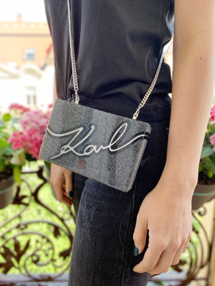 Karl Lagerfeld K Signature Glitter Chain Box Clutch Silver www.luxurybags