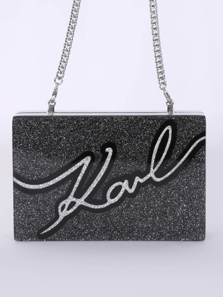 Karl Lagerfeld K Signature Glitter Chain Box Clutch Silver www.luxurybags