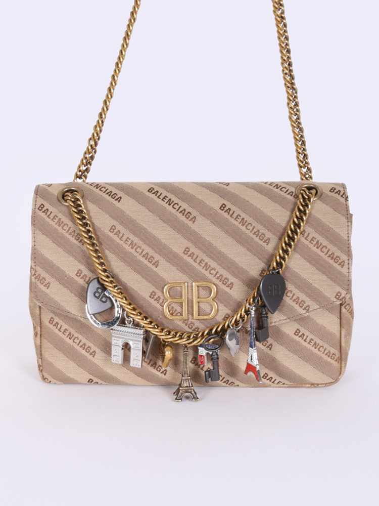 Balenciaga BB Chain M Paris Charm Canvas Flap Bag Brown www.luxurybags