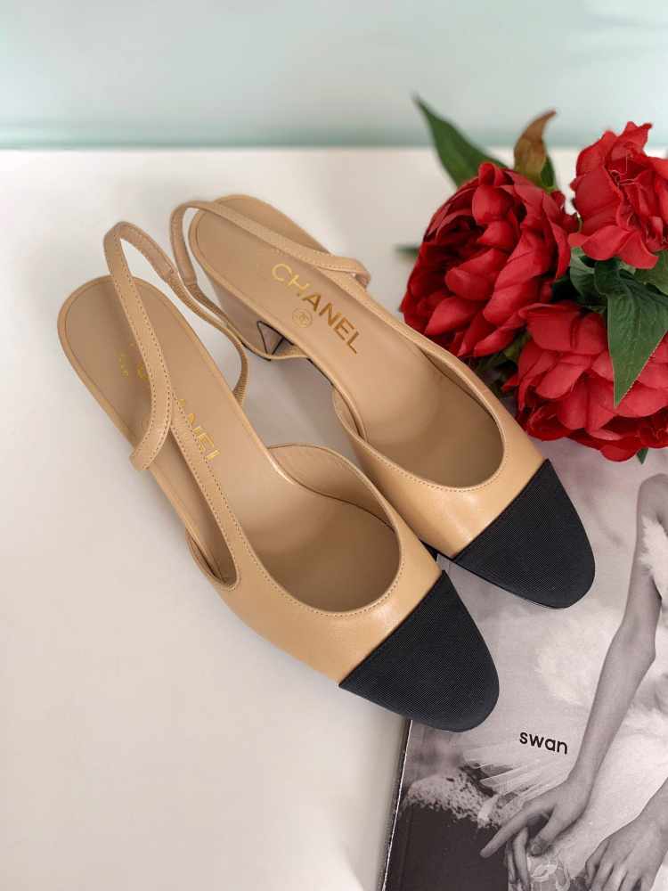 chanel beige and black shoes