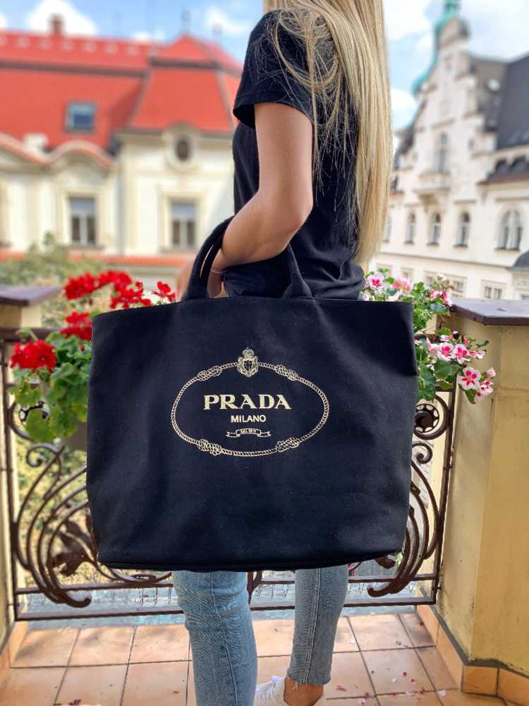 Prada Canapa Canvas Large Logo Shooping Tote Nero www.luxurybags