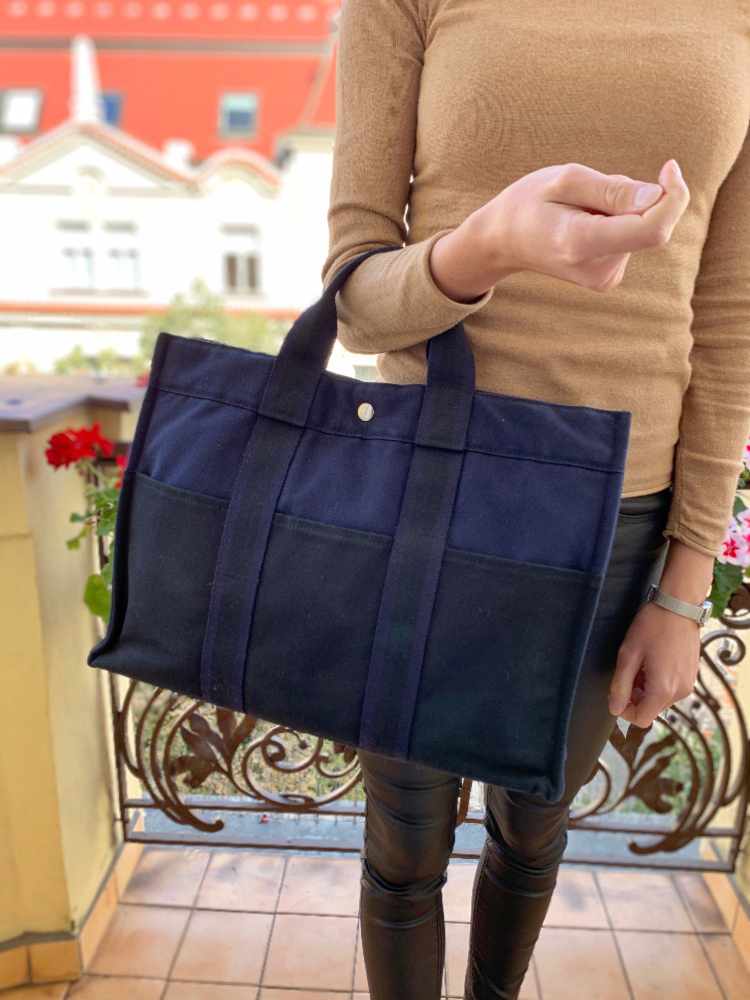 Hermés - Fourre Tout MM Canvas Tote Noir/Marine