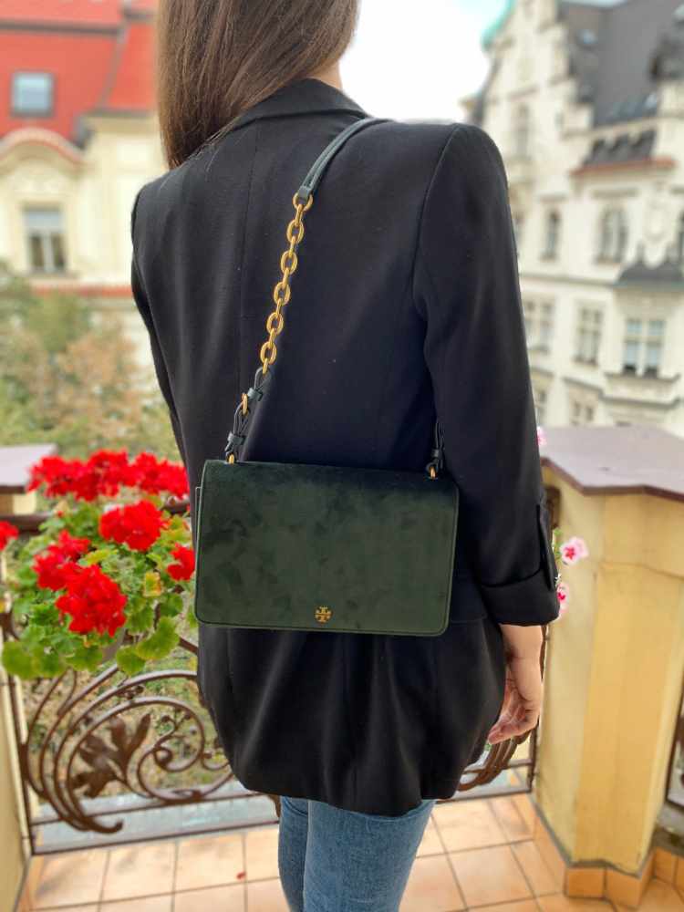 Tory Burch Sadie Velvet Shoulder Bag Banana Leaf www.luxurybags