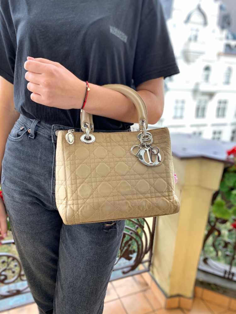 Dior Lady Dior Medium Quilted Nylon Beige www.luxurybags