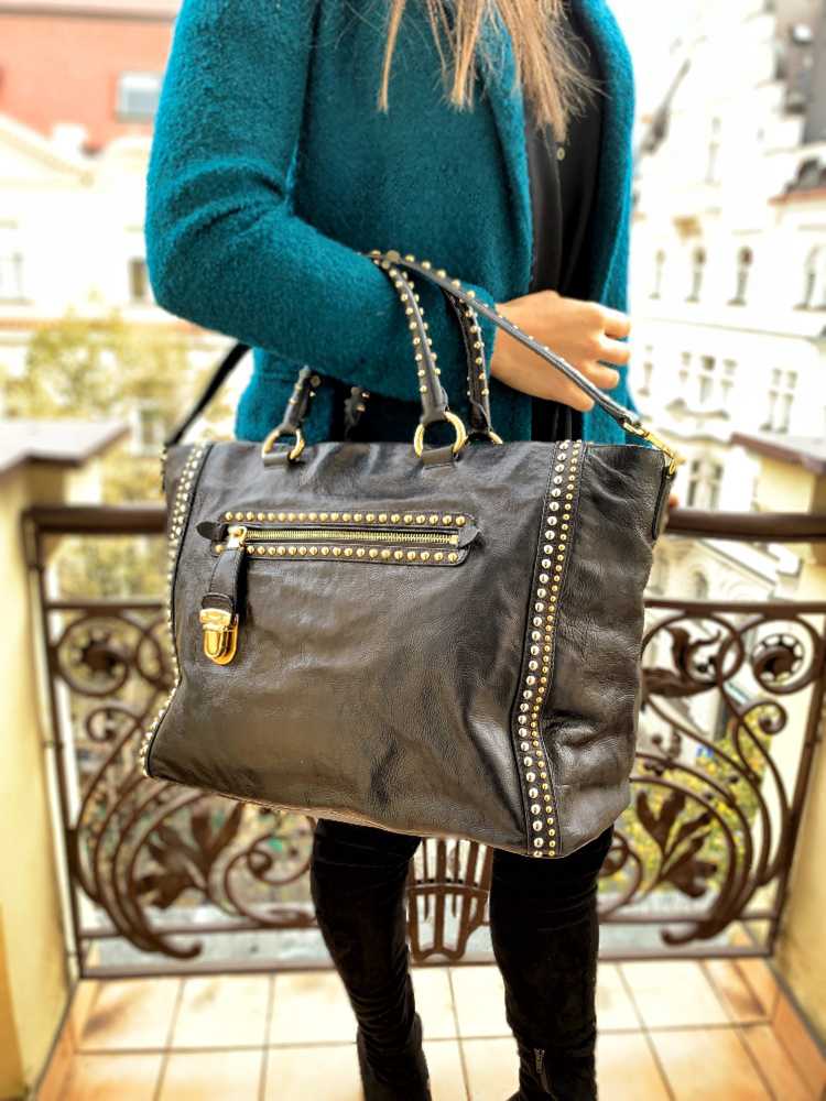Prada Glace Calf Studded Tote Nero www.luxurybags