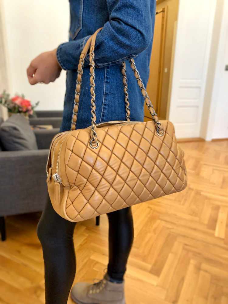 Chanel - CC Quilted Lambskin Double Zip Around Shoulder Bag Brown