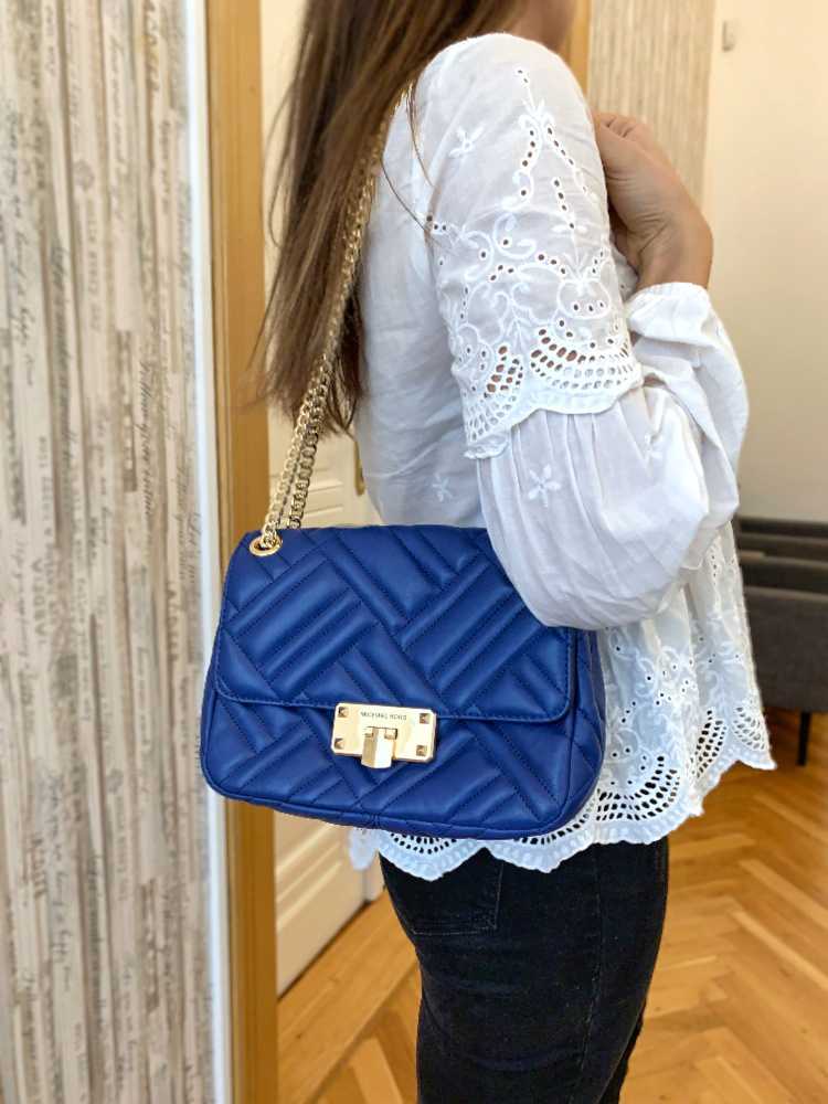 Michael Kors Peyton Quited Lambskin Crossbody Blue www.luxurybags