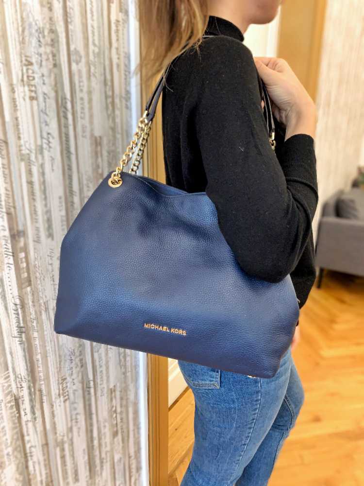 Michael Kors Navy Blue Leather Mott Chain Swag Shoulder Bag