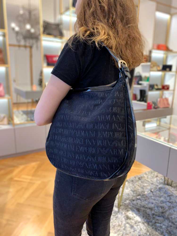 Emporio Armani Logo Embossed Textil Shoulder Bag Black www.luxurybags