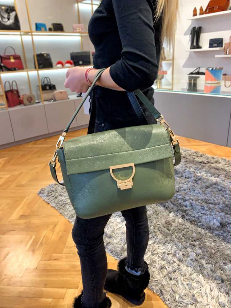 Coccinelle Arlettis Leather Shoulder Bag with Strap Khaki www.luxurybags