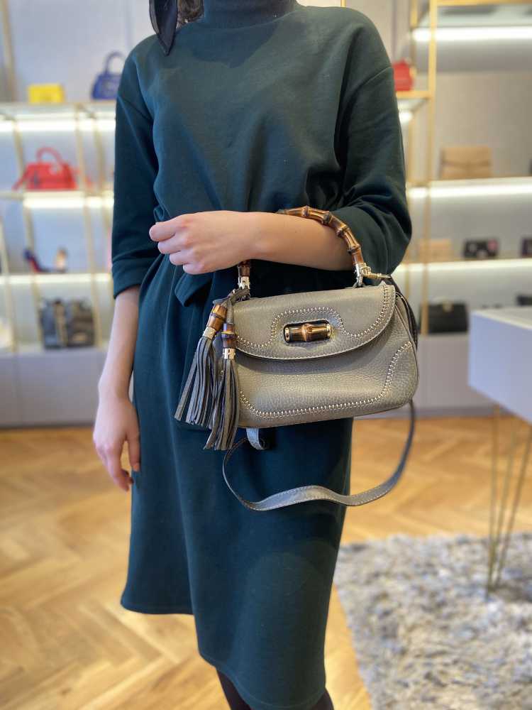 Gucci New Bamboo Medium Leather Top Handle Bag Grey www.luxurybags