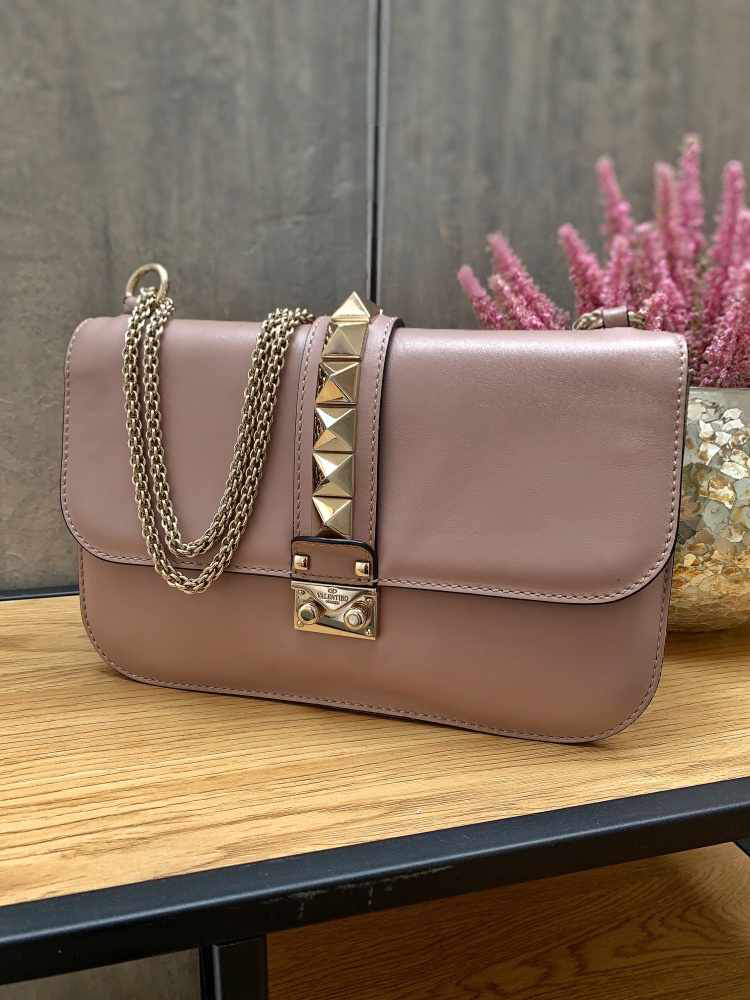 Valentino Rockstud Calfskin Chain Flap Bag Nude www.luxurybags