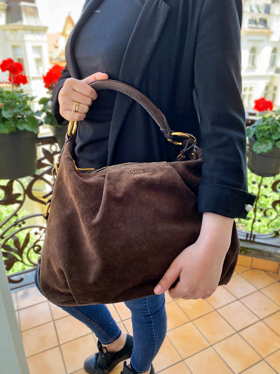 Prada Suede Leather Shoulder Hobo Bag Brown www.luxurybags
