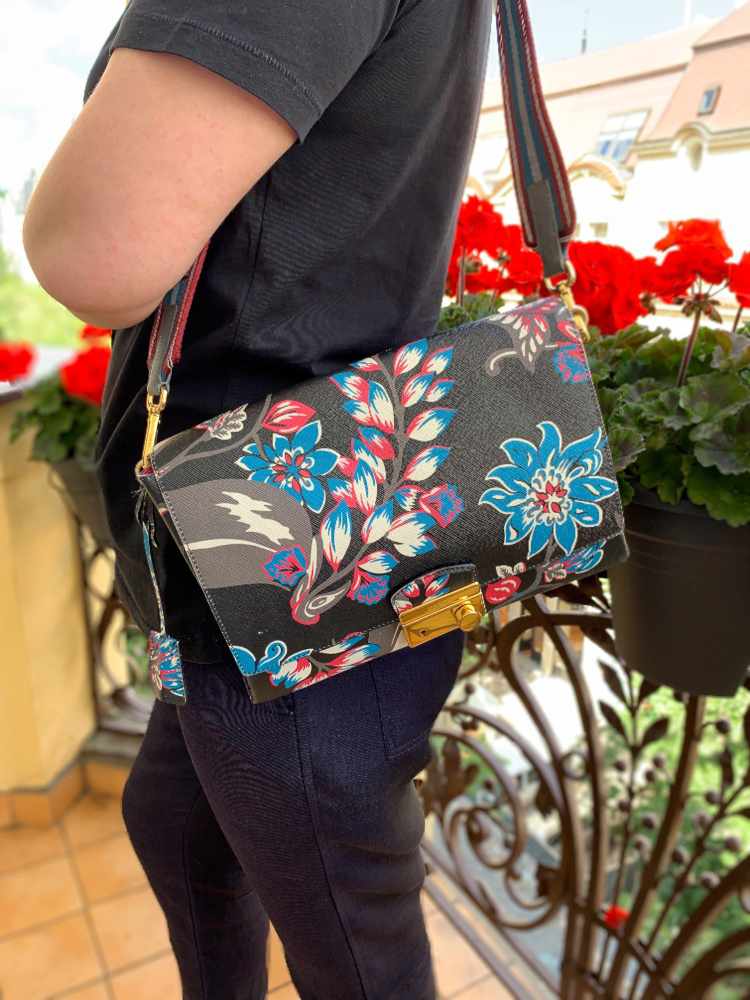 Prada Flower Print Saffiano Leather Lock Flap Bag Nero www.luxurybags