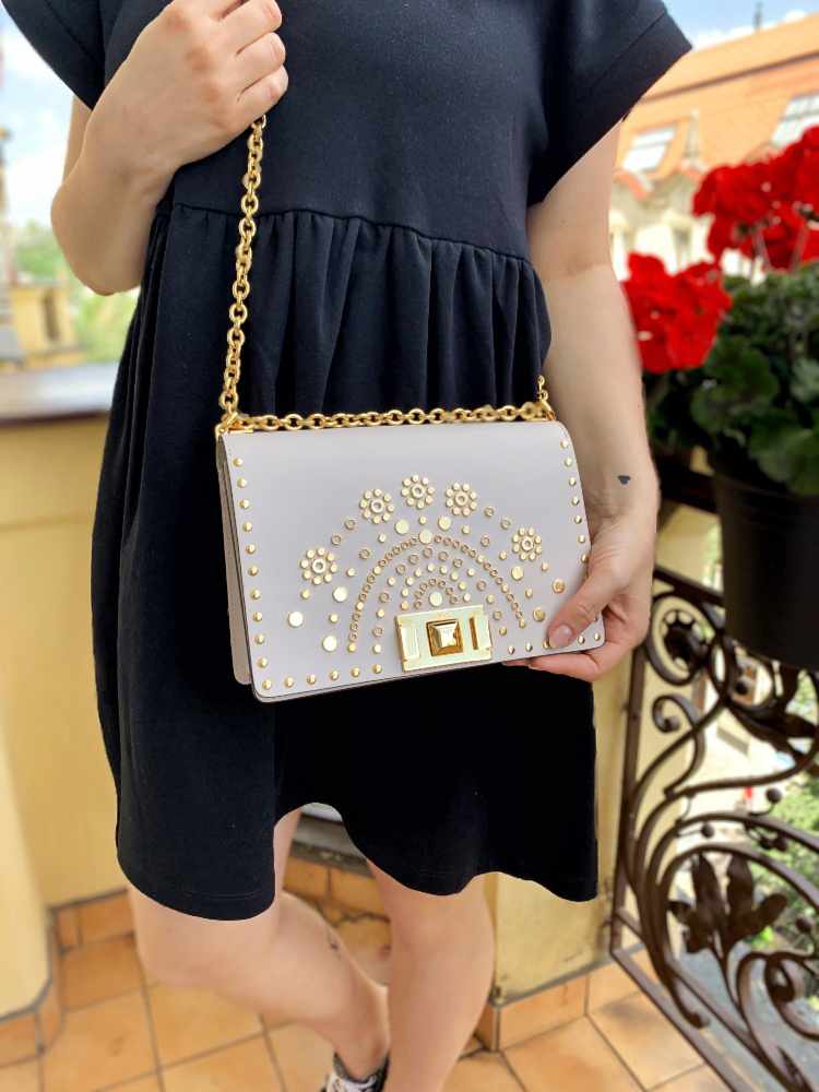 Furla Flower Studded Calfskin Flap Bag Light Grey www.luxurybags