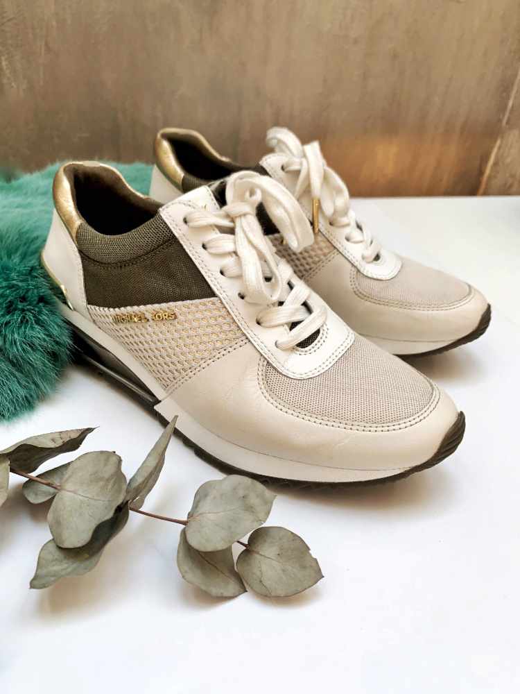 Michael Kors Allie Extreme Mixed Media Trainer Sneakers Cream Khaki 38 www.luxurybags