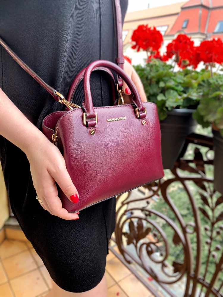 Michael Kors Savannah Small Patent Saffiano Leather Satchel Burgundy www.luxurybags