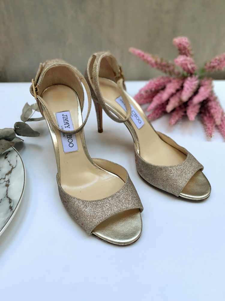Jimmy Choo Annie 85 Dusty Glitter Sandals Gold 37 5 www.luxurybags