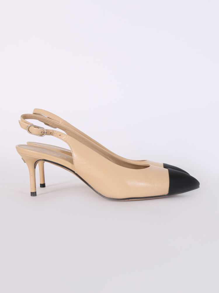 Chanel - Calfskin Black Toe Slingback Low Heel Pumps Beige 36,5
