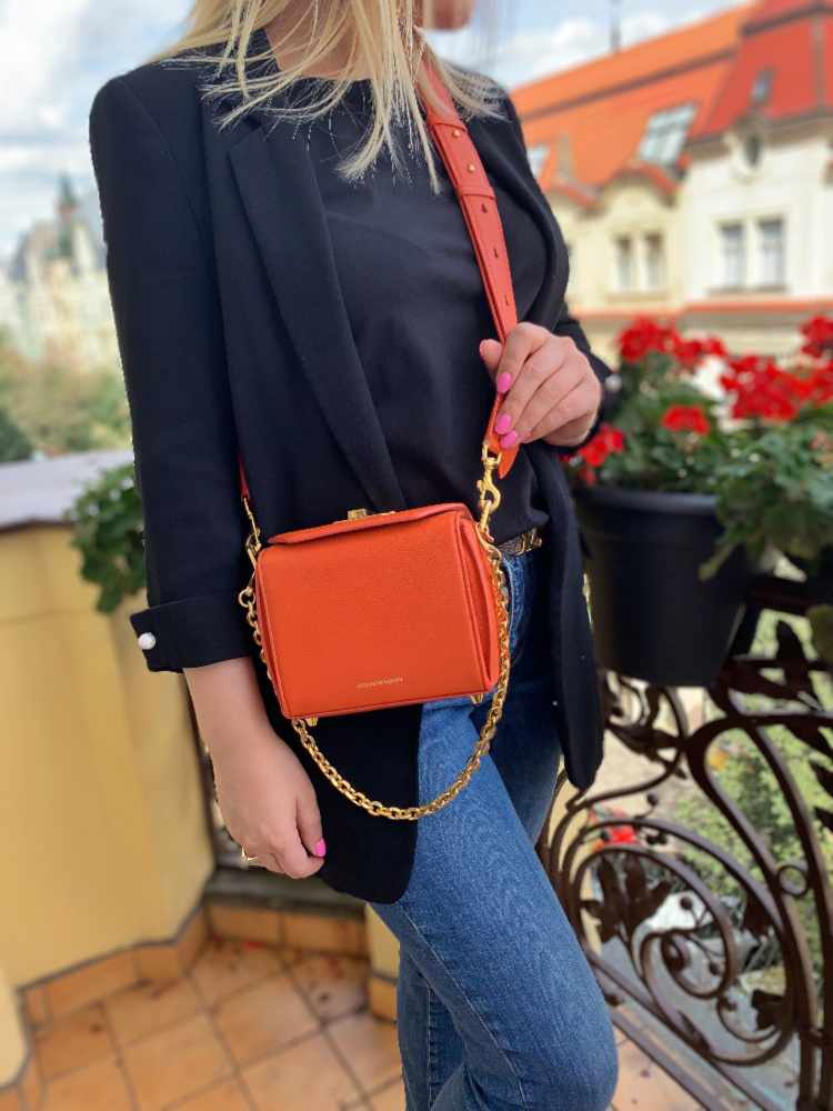 Alexander McQueen Box 16 Calfskin Chain Shoulder Bag with Strap Orange www.luxurybags