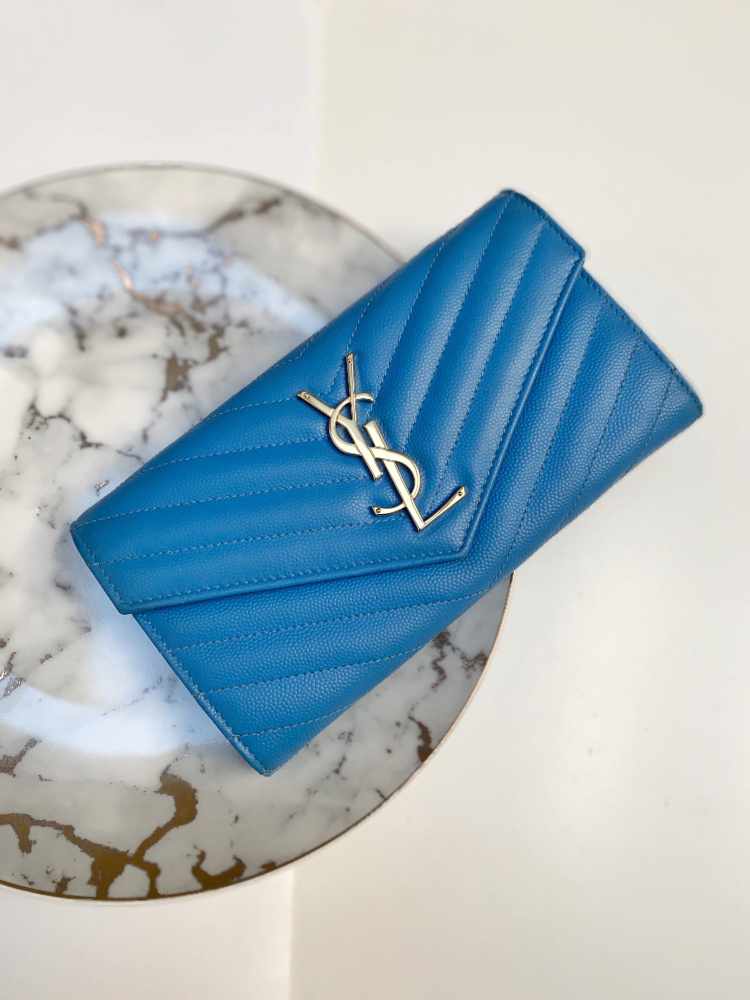 Saint Laurent Monogram Large Grain Embossed Leather Flap Wallet Blue www.luxurybags