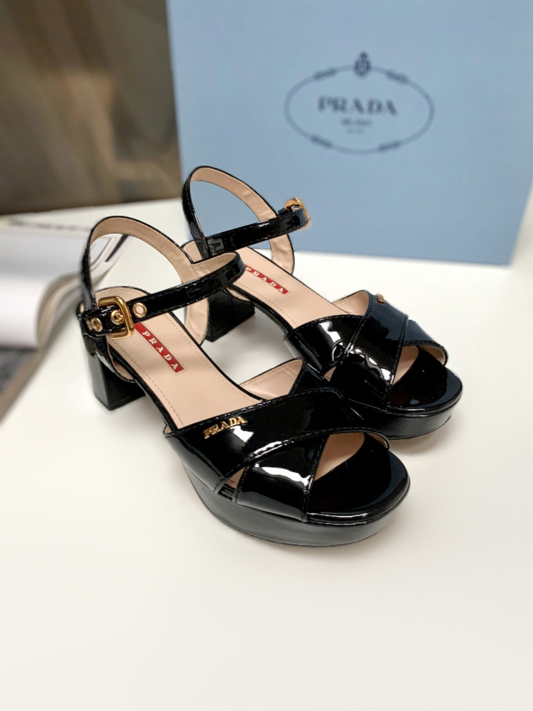 Prada Patent Leather Platform Mid Heel Sandals Black 36 www.luxurybags