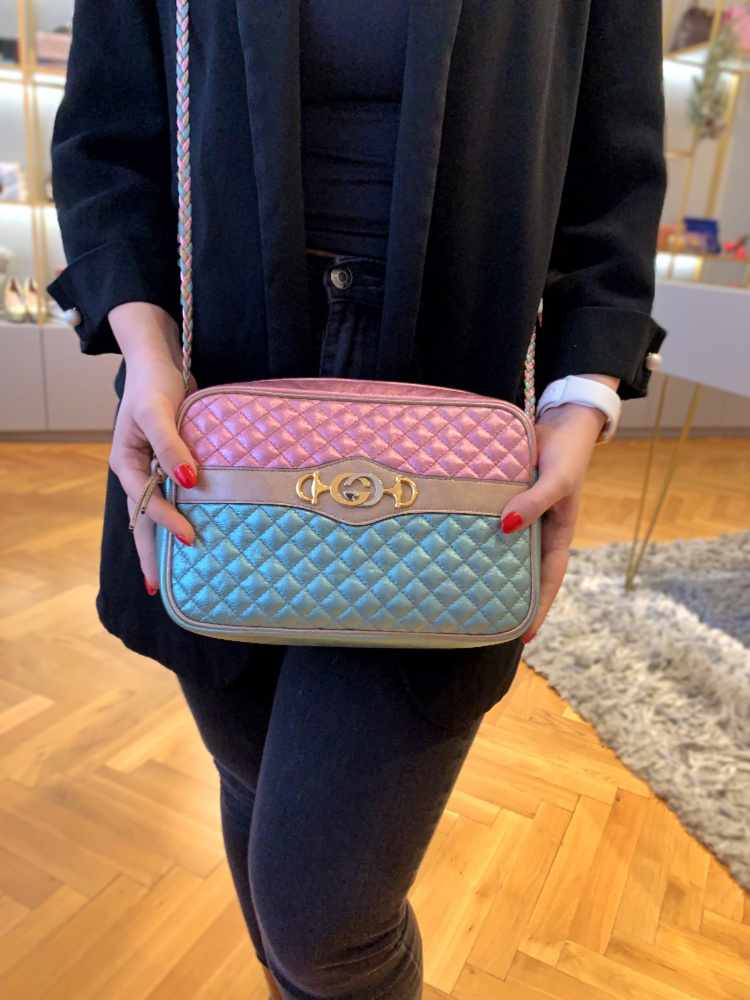 Gucci GG Laminated Leather Small Shoulder Bag Pink Blue www.luxurybags