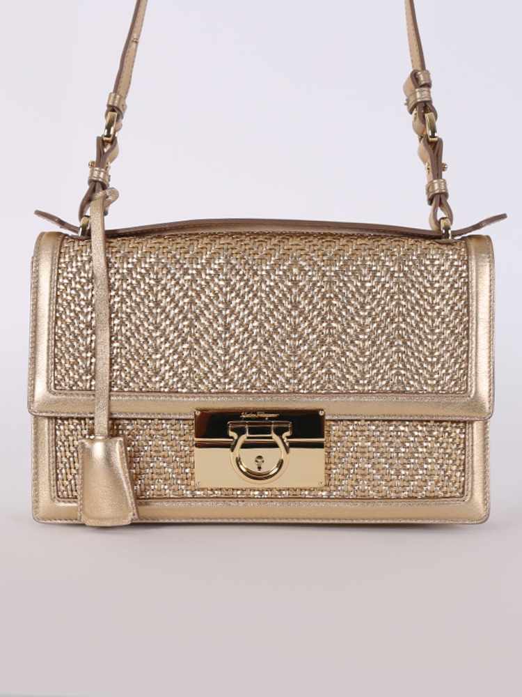 Salvatore Ferragamo Aileen Gancio Woven Calfskin Crossbody Gold www.luxurybags
