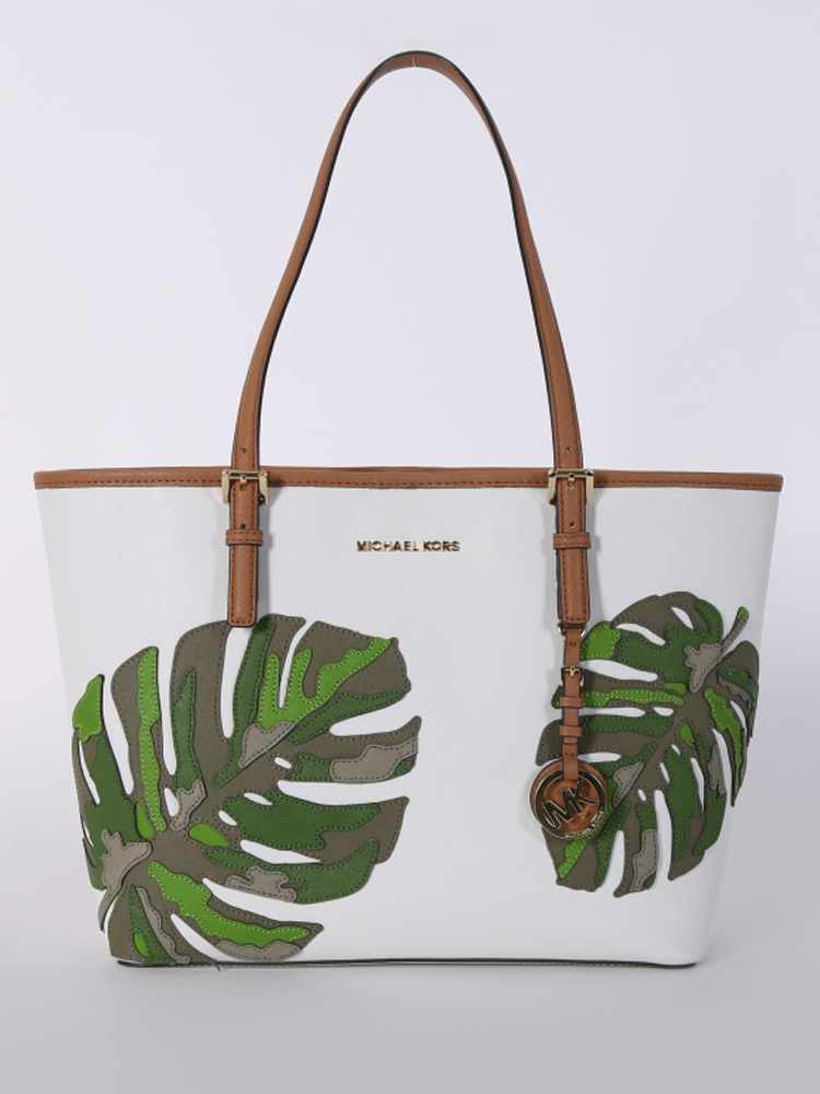 Michael Kors Jet Set Palm Leaves Saffiano Medium Leather Tote Optic White www.luxurybags